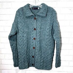 JM Cooper British Wool Cable Knit‎ Cardigan Womens Small Chunky Fisherman Jacket